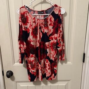 Zara Red Floral Women's Blouse with Chain Accent
